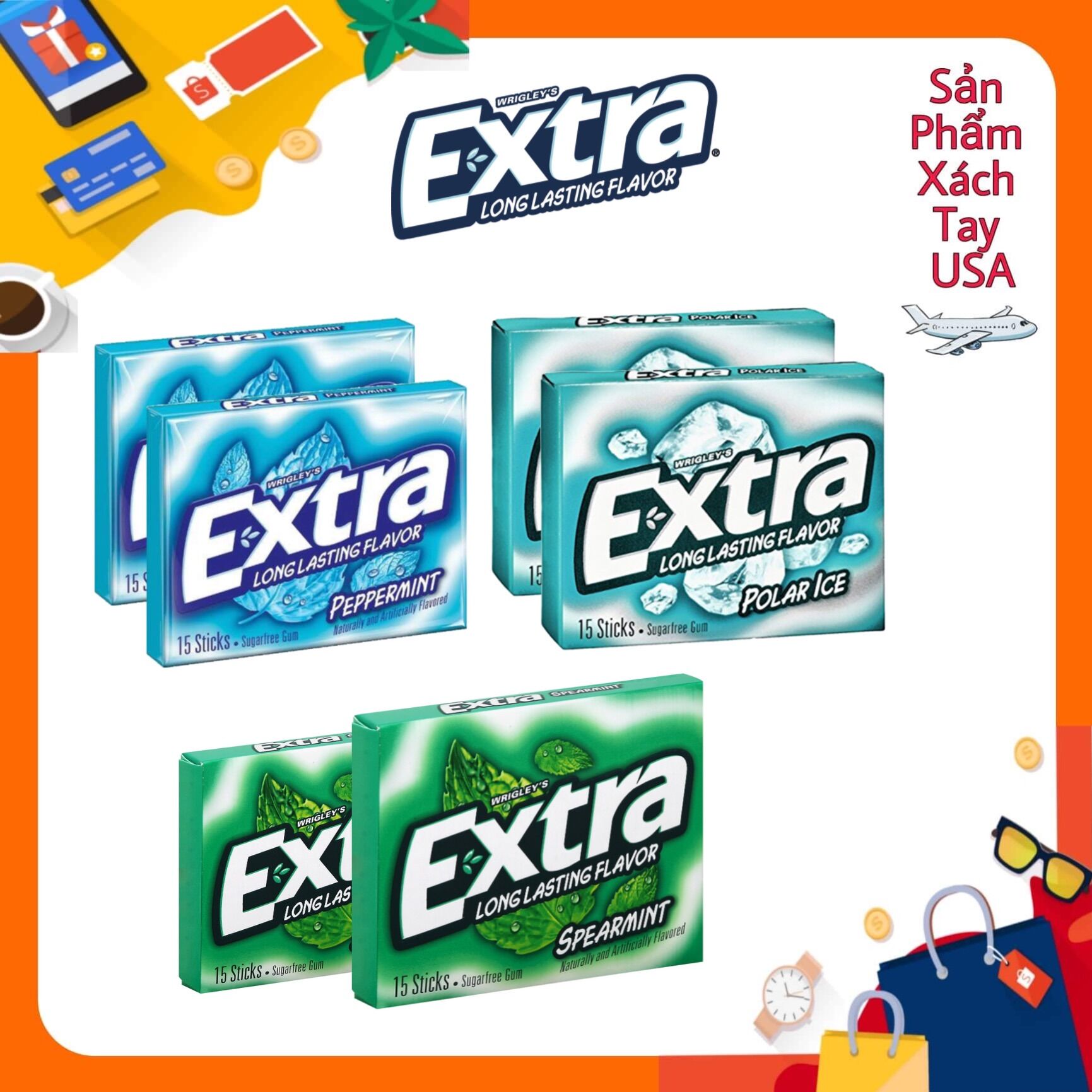 Set 4 hộp singum Wrigley's Extra Long Lasting Sugarfree Gum