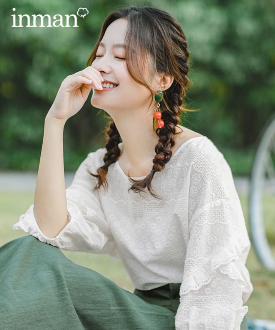Inman Thơm Ngọt Ngào Tay Phồng Áo Sơ Mi Nữ Dáng Rộng Trắng Cotton Cổ Tròn Tay Ngắn Quần Áo Làm Việc 