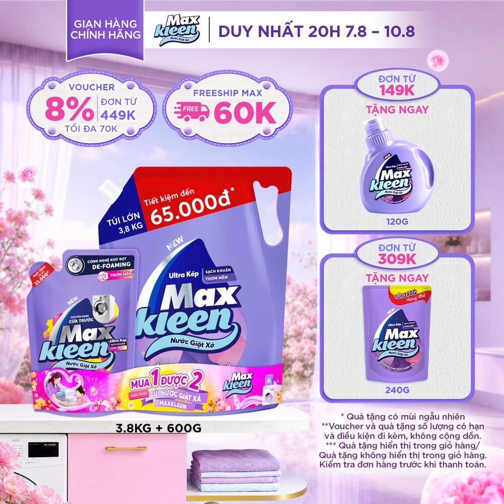 Combo Nước giặt xả MaxKleen Hương Nước Hoa Huyền Diệu: 1 Túi 3.8kg + 1 Túi 600g