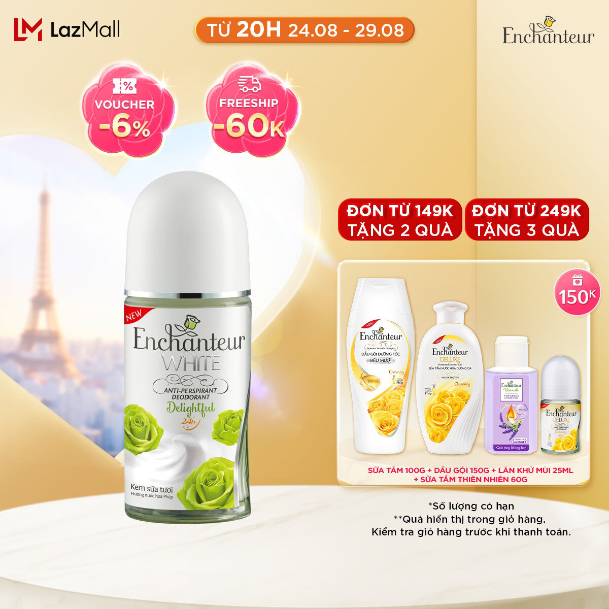 Lăn khử mùi trắng da Enchanteur Delightful tự tin bừng sáng dưỡng trắng vùng dưới cánh tay 50ml