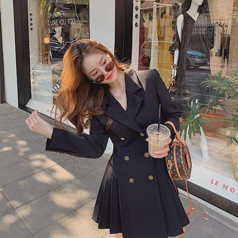 Áo đầm vest phối nút