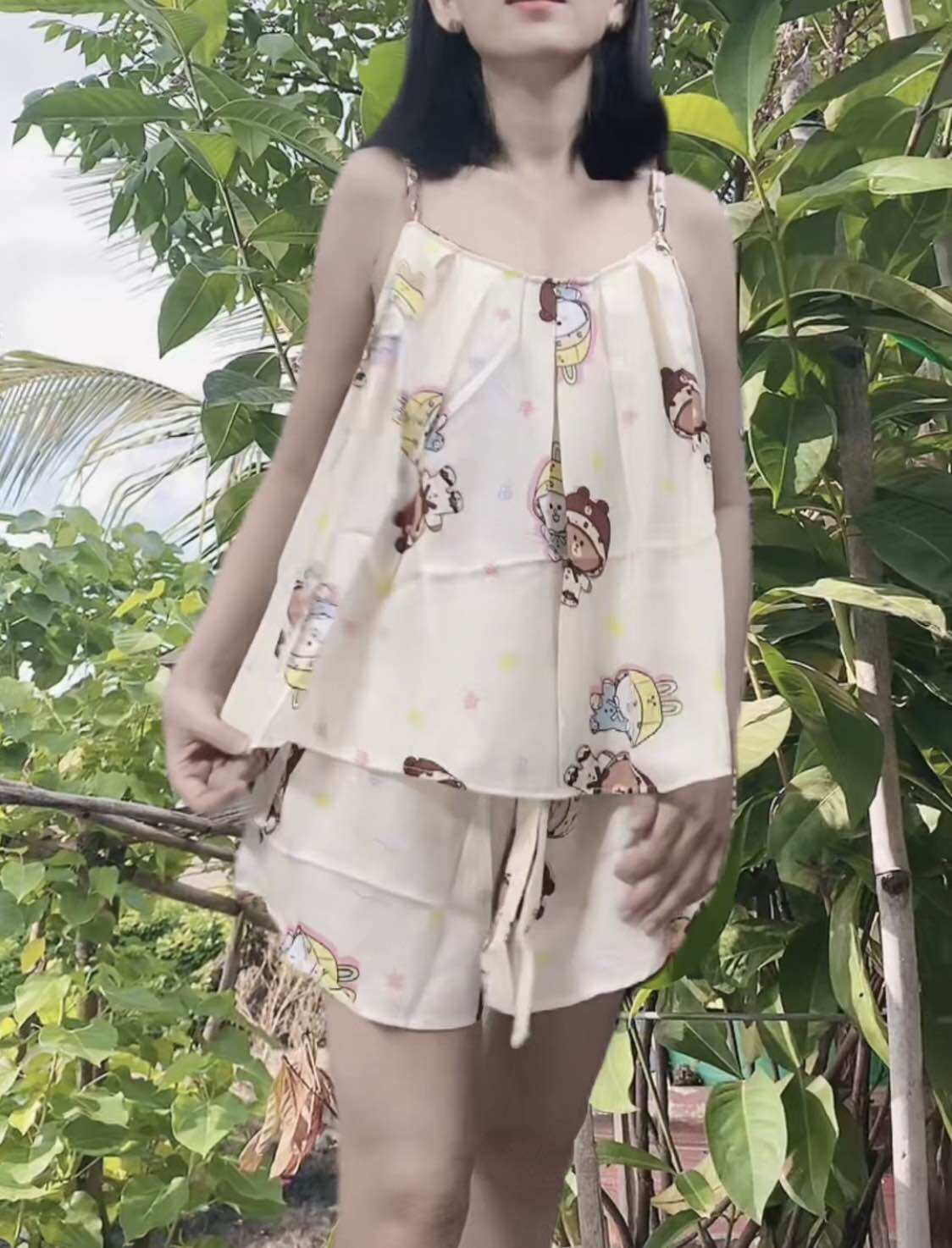 Bộ đùi mặc nhà 2 dây lụa mango dày mềm mát dưới 60kg