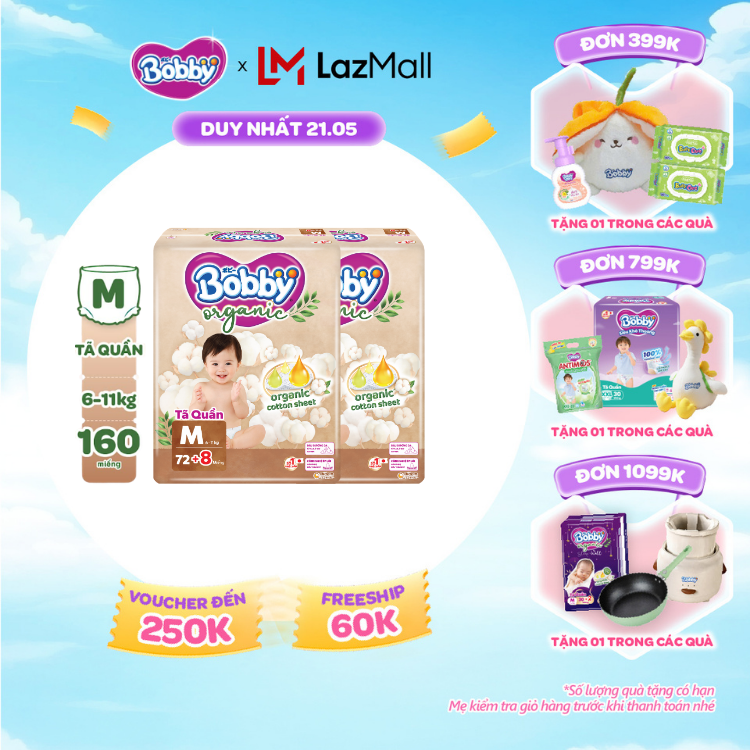 [SALE CUỐI THÁNG tặng QUÀ TO-SLCH][COMBO 2] [TẶNG KÈM 8 MIẾNG] Tã quần cao cấp Bobby Organic chăm sóc dịu nhẹ từ thiên nhiên M72
