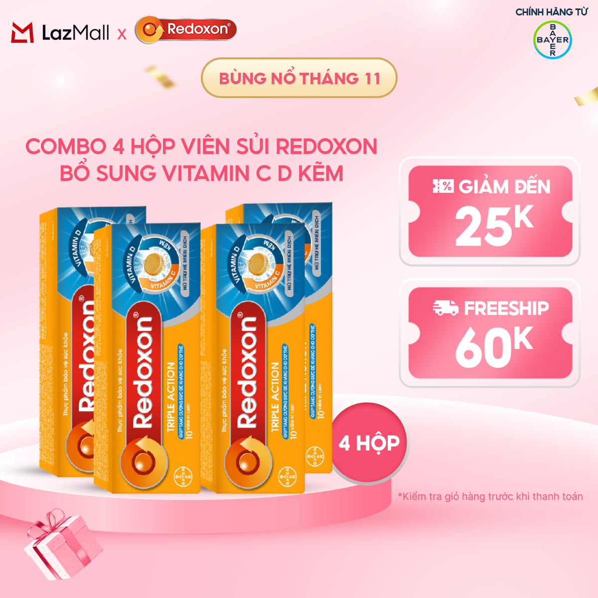 Bộ 4 Viên sủi bổ sung Vitamin C D và Kẽm Redoxon Triple Action 10 viên
