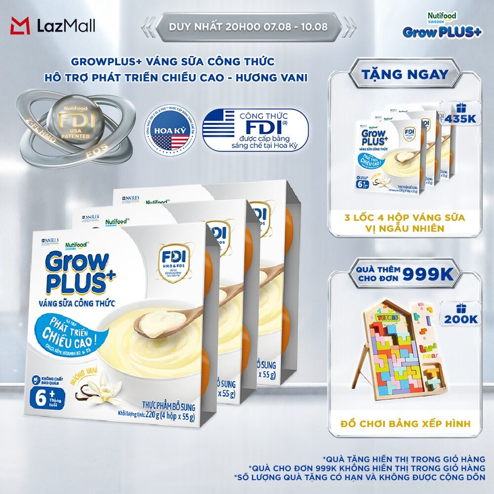 Combo 3 lốc GrowPLUS+ Váng sữa công thức - Hỗ trợ phát triển chiều cao hương Vani & vị Socola (55g x 12 hộp)