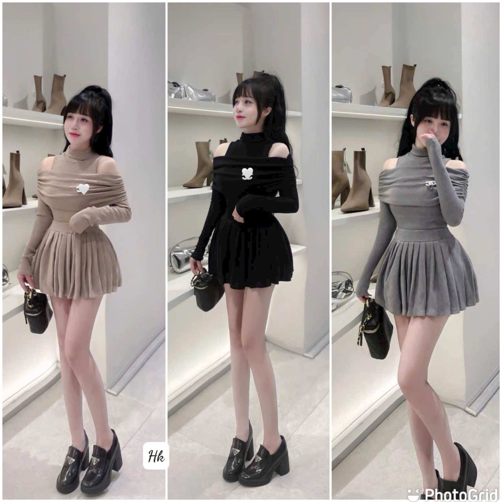 Set áo hở vai mix chân váy xếp ly tăm hàn 2023