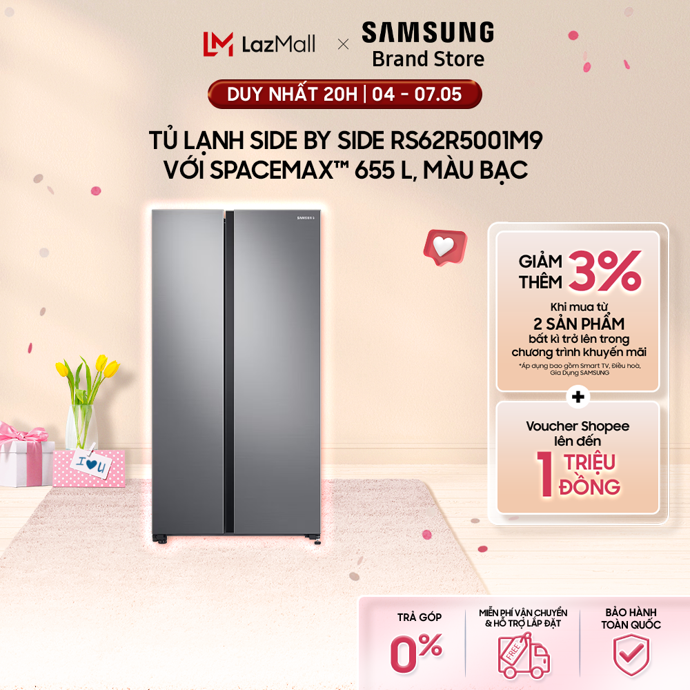 [Miễn phí lắp đặt + Freeship] Tủ Lạnh Samsung Side by Side với SpaceMax 655L màu Bạc RS62R5001M9/SV