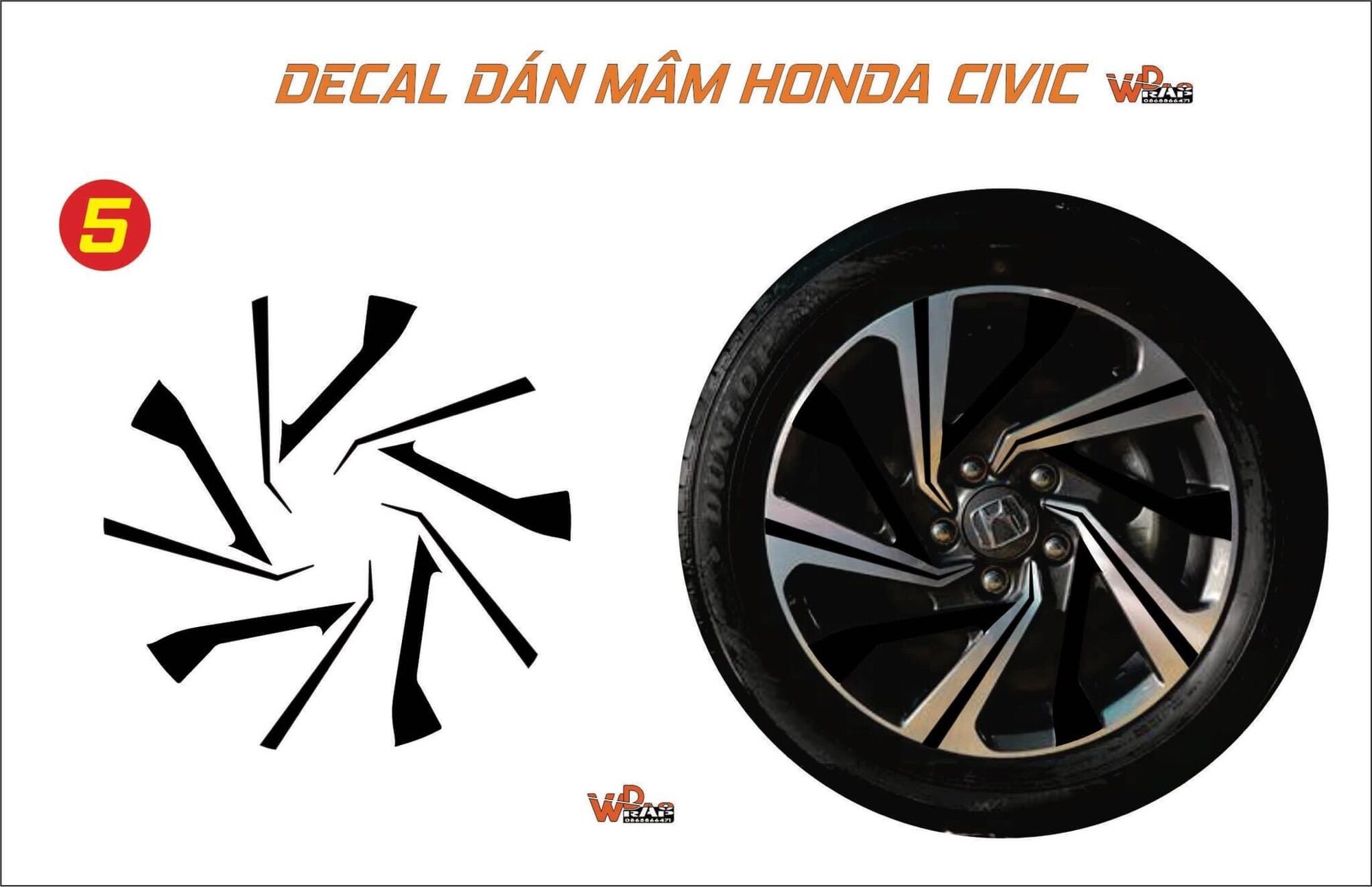 Bộ decal dán mâm Civic (5 bánh)