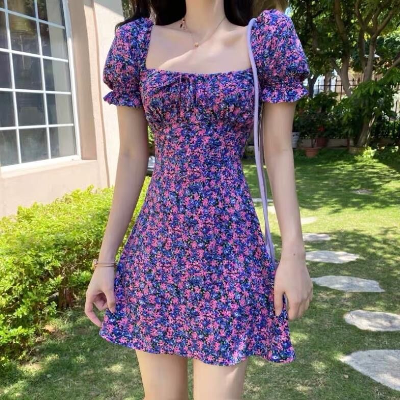 Đầm Zara hoa tím tay bồng xinh đẹp