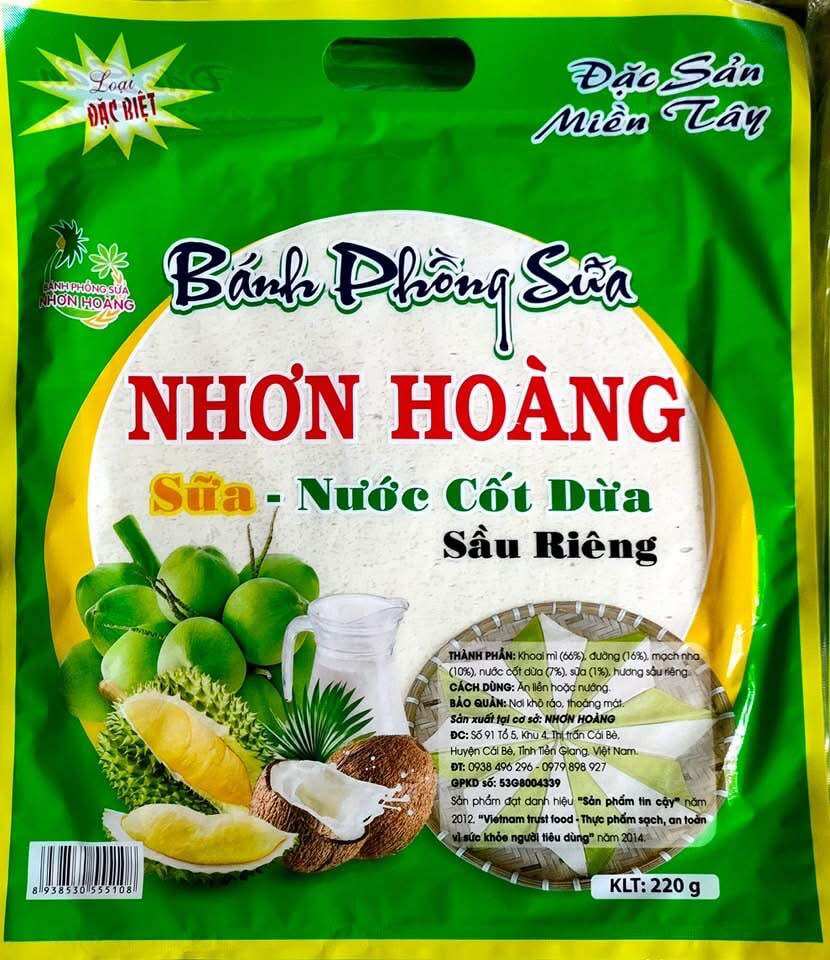 Bánh Tráng Sữa Đặc Biệt - Bánh Phồng Sữa Nhơn Hoàng Sầu Riêng, Lá Dứa 200g Ăn Vặt