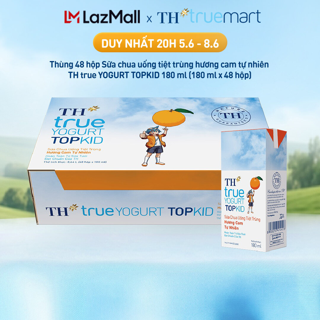 Thùng 48 hộp sữa chua uống tiệt trùng TH true YOGURT TOPKID hương cam tự nhiên 180 ml (180 ml x 48)