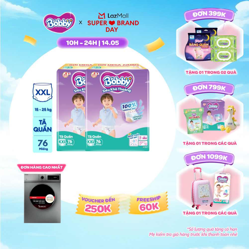 [SALE GIỮA THÁNG tặng QUÀ TO-SLCH] Combo 2 Tã/bỉm quần Bobby 3mm Mega Jumbo Gạo non Giảm nhiệt XXL76 [Bao bì thay đổi theo từng đợt nhập hàng]
