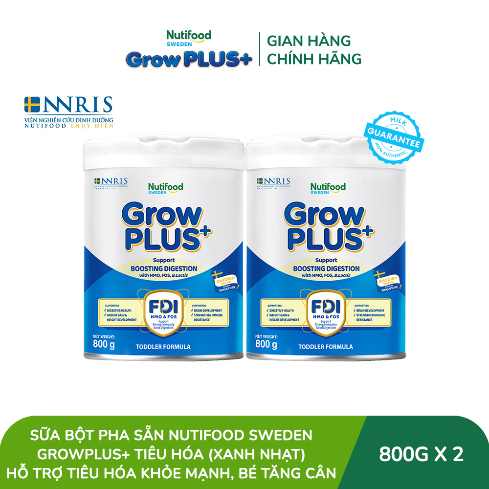 Combo 2 Sữa bột Nutifood Sweden GrowPLUS+ Tiêu Hóa (Xanh Nhạt) - Hỗ trợ tiêu hóa khỏe mạnh, bé tăng cân (Lon 800g)