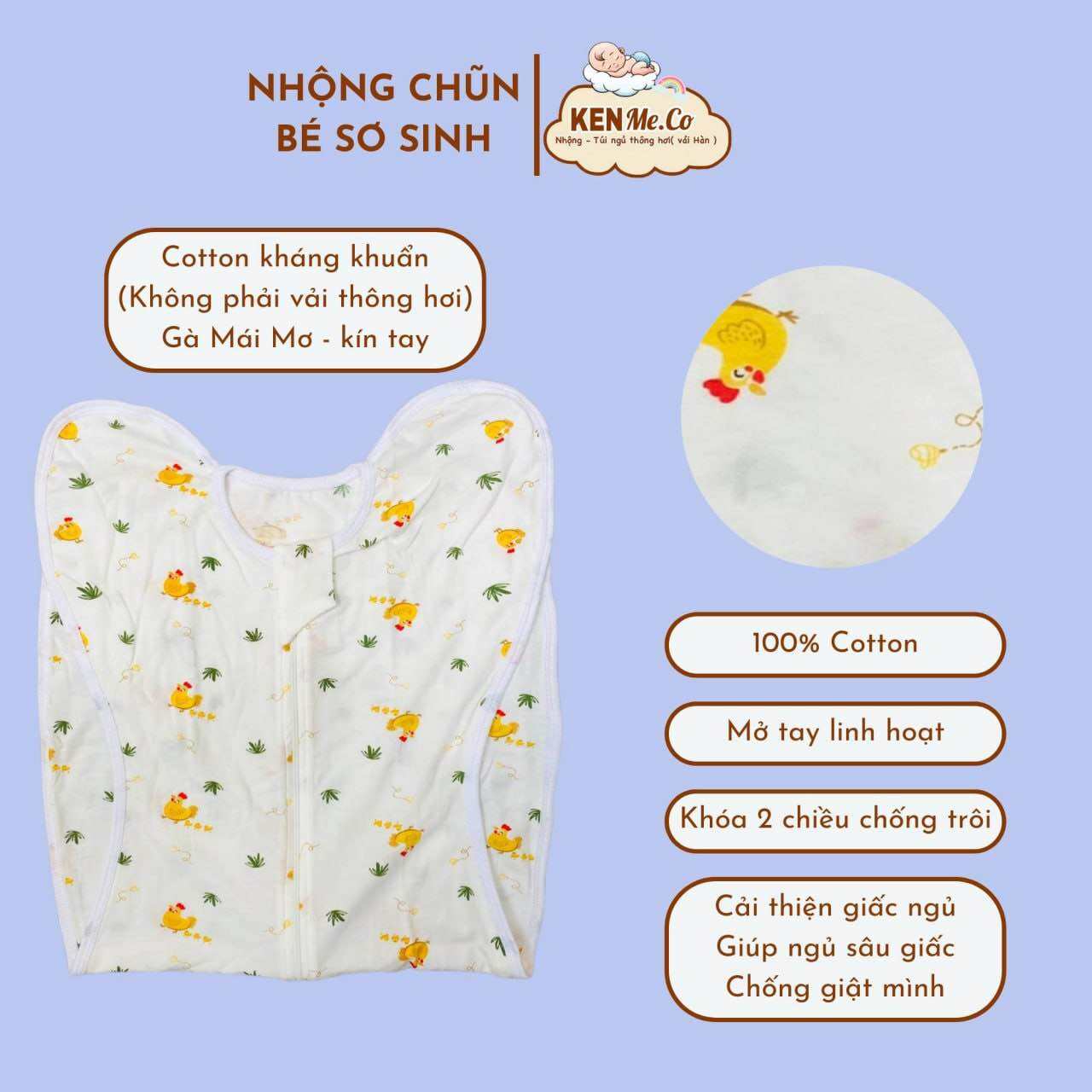 Nhộng chũn cho bé sơ sinh ngủ ngon sâu giấc chống giật mình - Nhộng ngủ vải Mesh thông hơi kín tay t