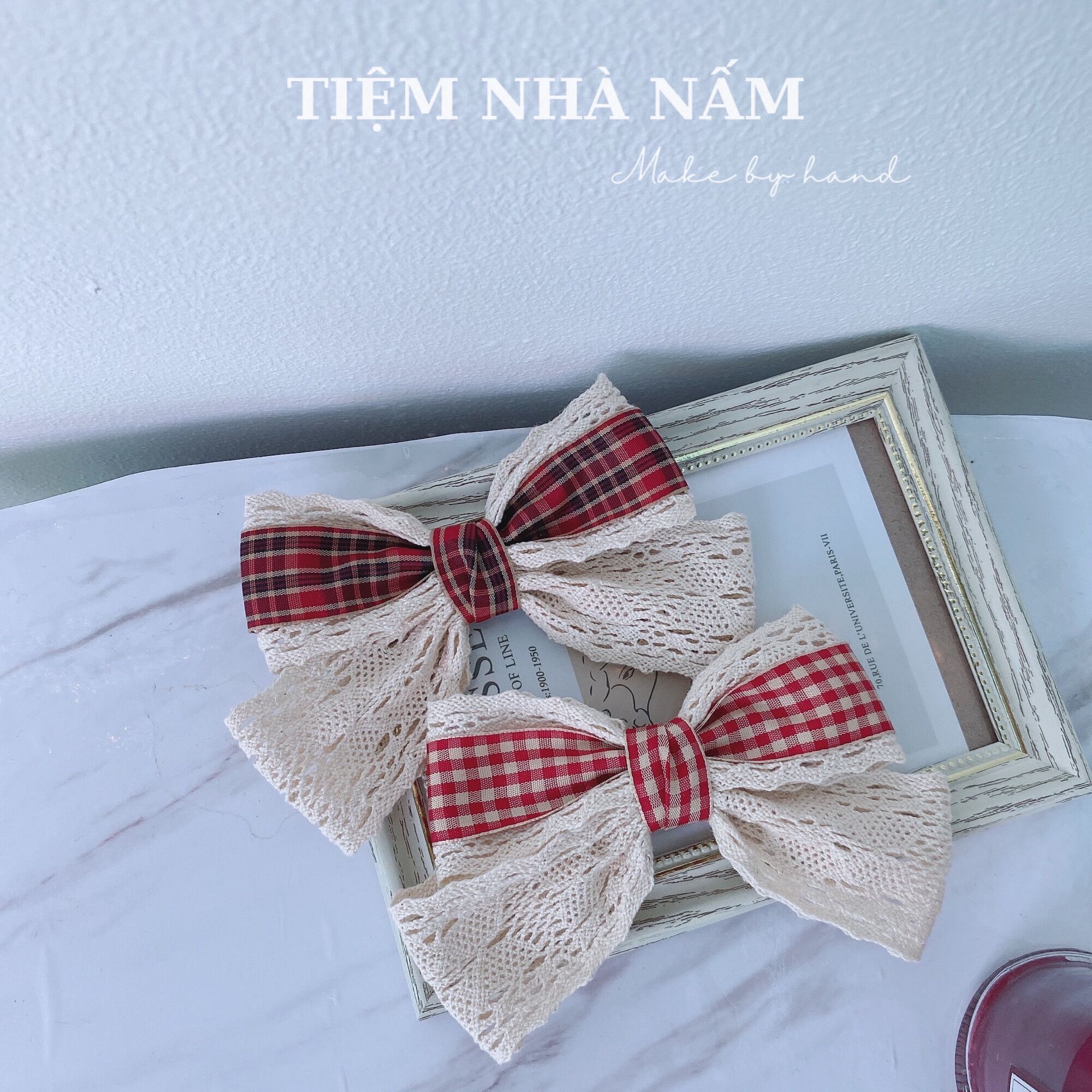 🎀 kẹp tóc nơ ren phối caro tiểu thư -