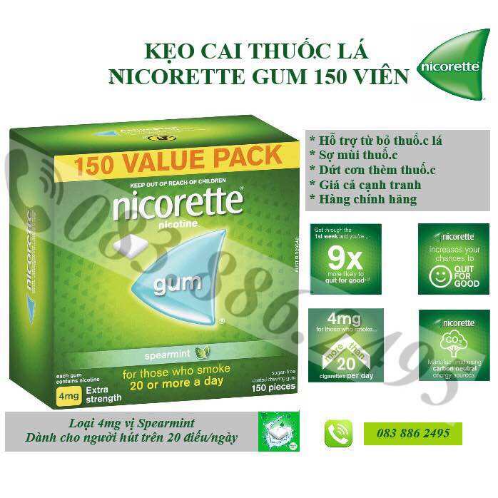 KẸO CAI THUỐ.C LÁ 4MG SPEARMINT 75-150-210 VIÊN (Nicorette Quit Smoking Extra Strength Nicotine Gum Spearmint 75-150-210 Pack)