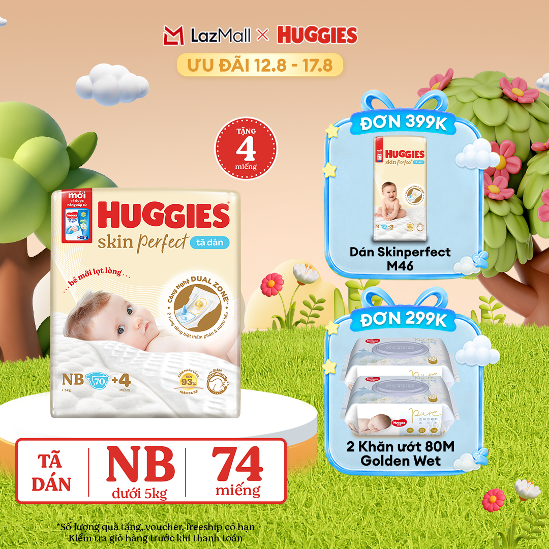 [12-17.08 QUÀ TẶNG ĐƠN 0Đ]  Tã/bỉm dán sơ sinh Huggies Skin Perfect NB70 với 2 vùng thấm giảm kích ứng da (tặng miếng thay đổi theo từng đợt)