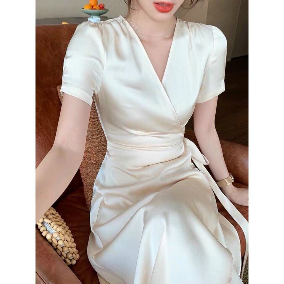 Đầm lụa satin cổ đắp chéo cột dây eo