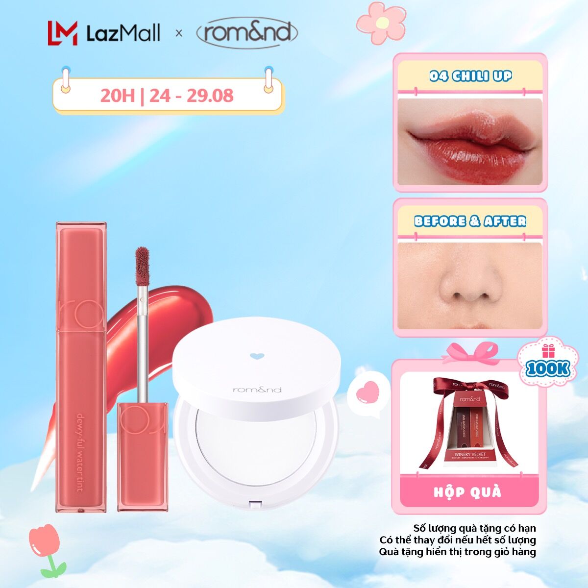 Combo Phấn phủ dạng nén Romand Better Than Finish 12g + Son tint bóng Romand Dewyful Water Tint 5g