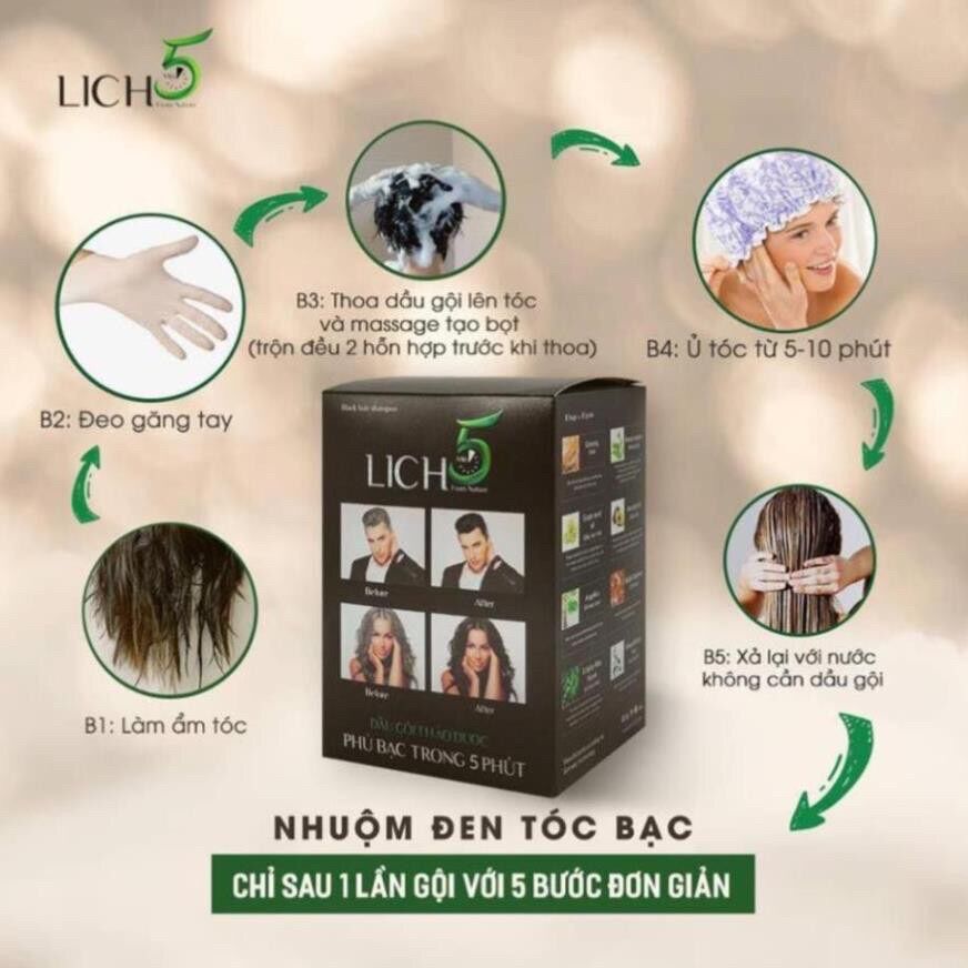 Dầu Gội Thảo Dược Đen Tóc Lich5 Hộp 10 gói