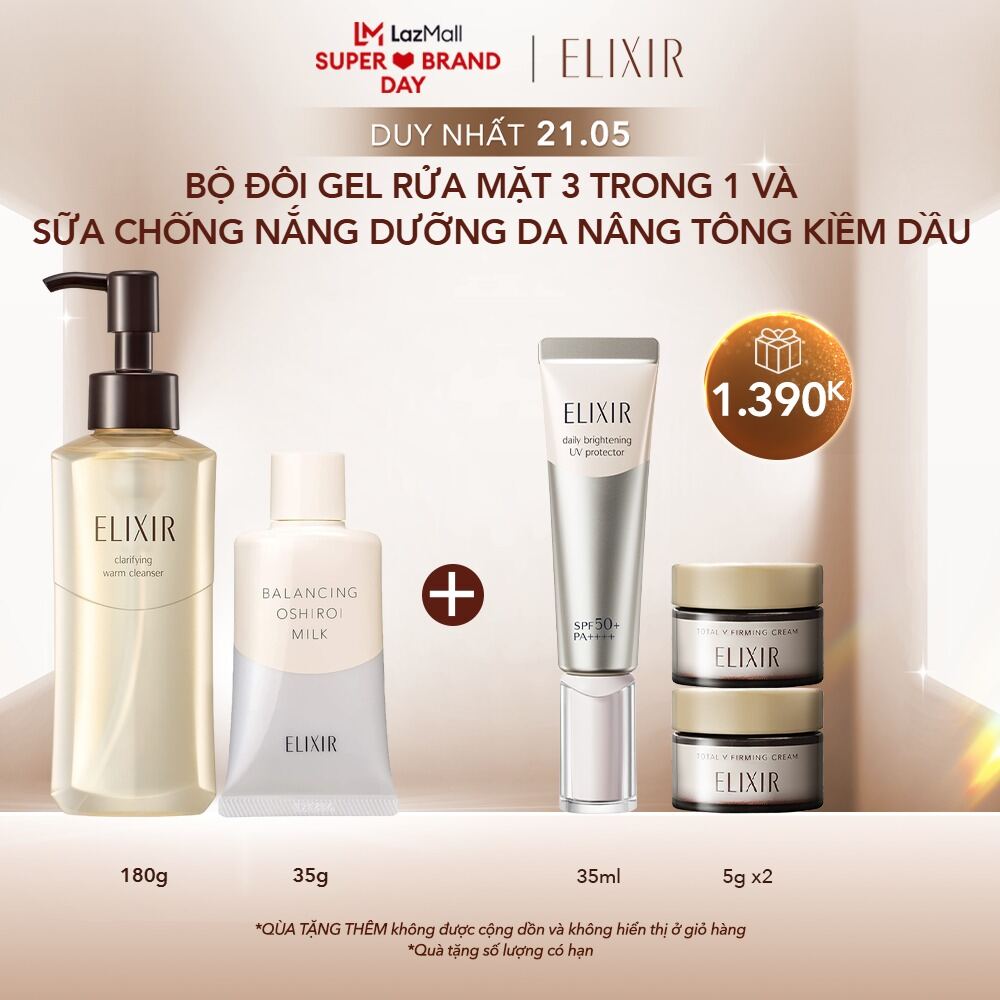 COMBO Gel rửa mặt sạch sâu dưỡng ẩm Elixir Clarifying Warm Cleanser 180g + Sữa chống nắng dưỡng da n