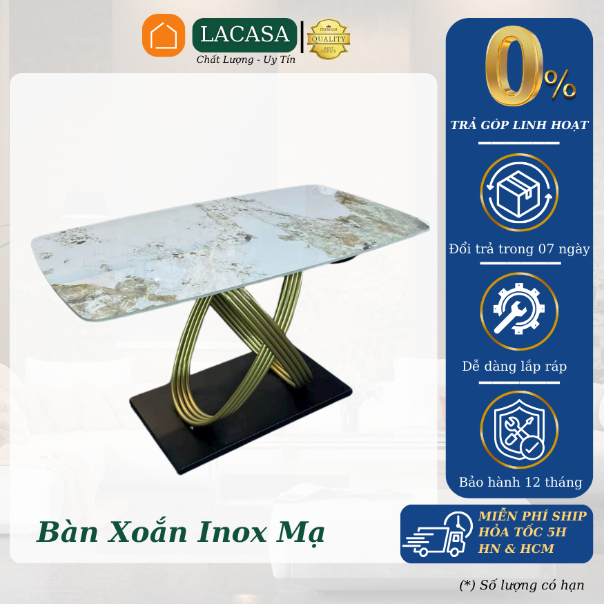 Bàn ăn cơm chân xoắn lacasa, inox mạ titan, nhập khẩu cao cấp hiện đại căn hộ chung cư nhà phố