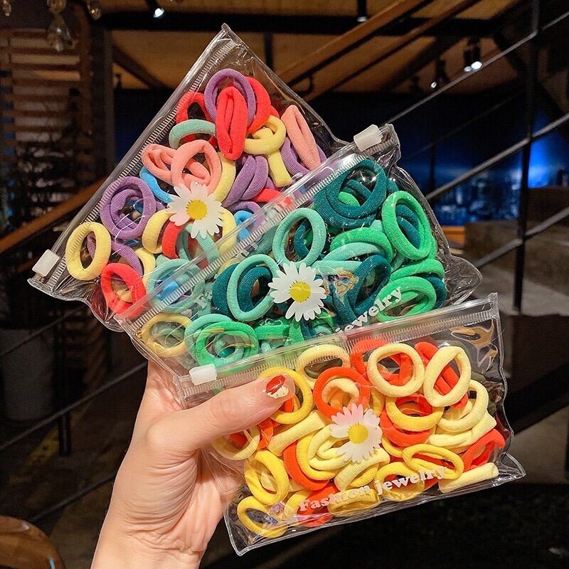 Set 50 chun buộc tóc nhiều màu kèm túi zip cho trẻ em, bé gái