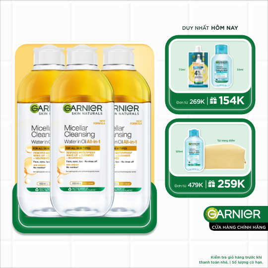 Bộ 3 nước làm sạch và tẩy trang cho da khô & trang điểm lâu trôi Garnier Micellar Water Oil-Infused 400mlX3