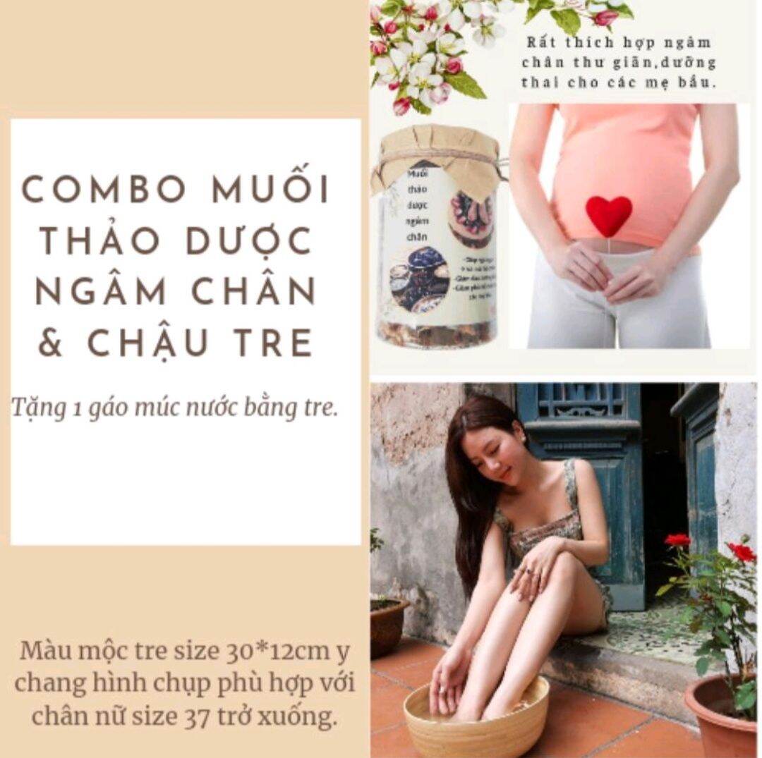 Combo chậu tre+ muối thảo dược ngâm chân.