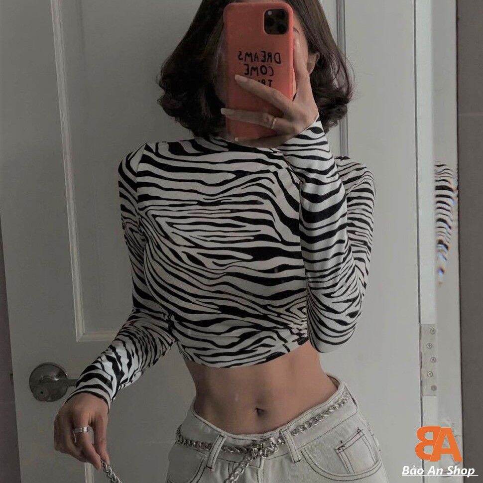 áo croptop kiểu vằn dây buộc tay dài