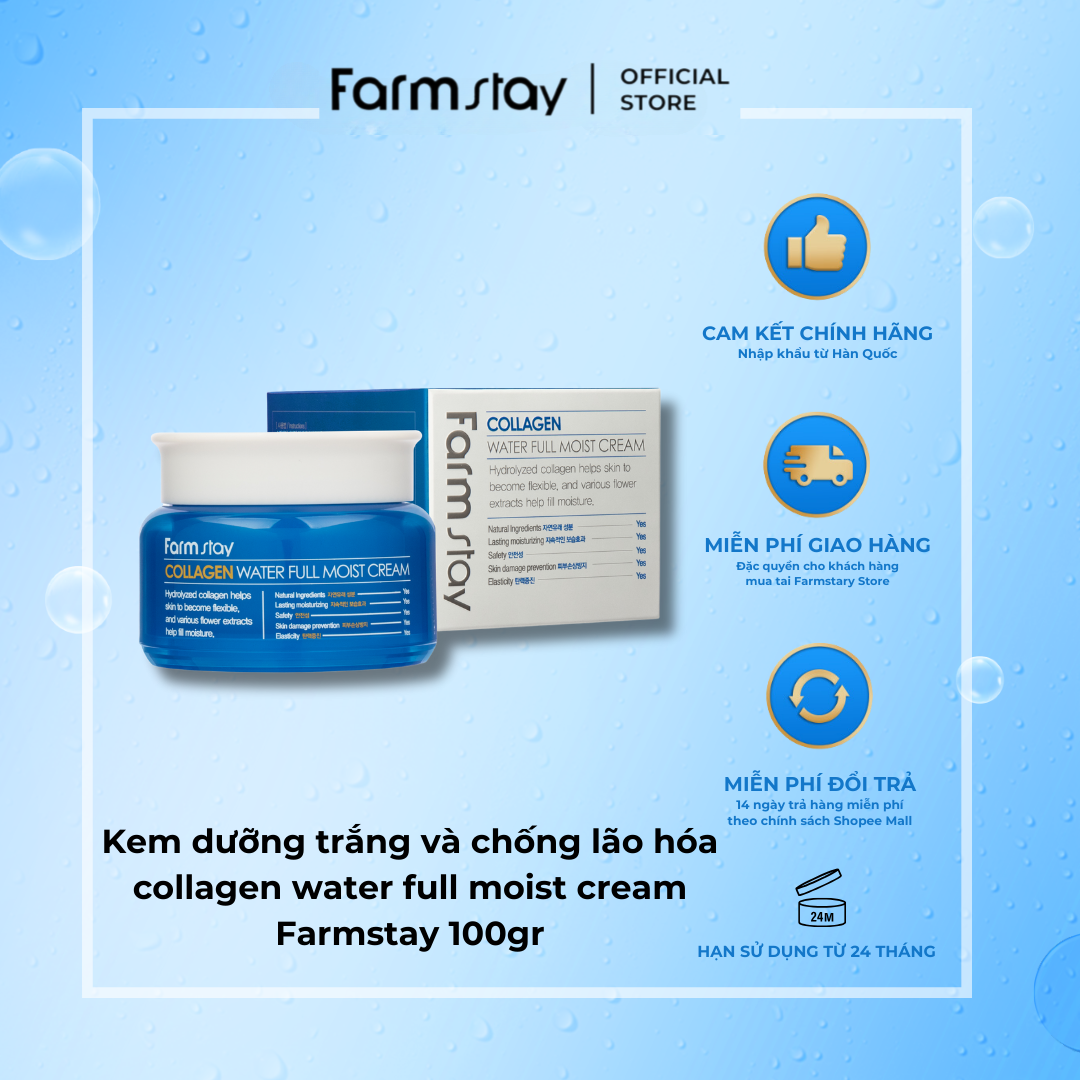 Kem dưỡng trắng và chống lão hóa collagen water full moist cream Farmstay 100gr