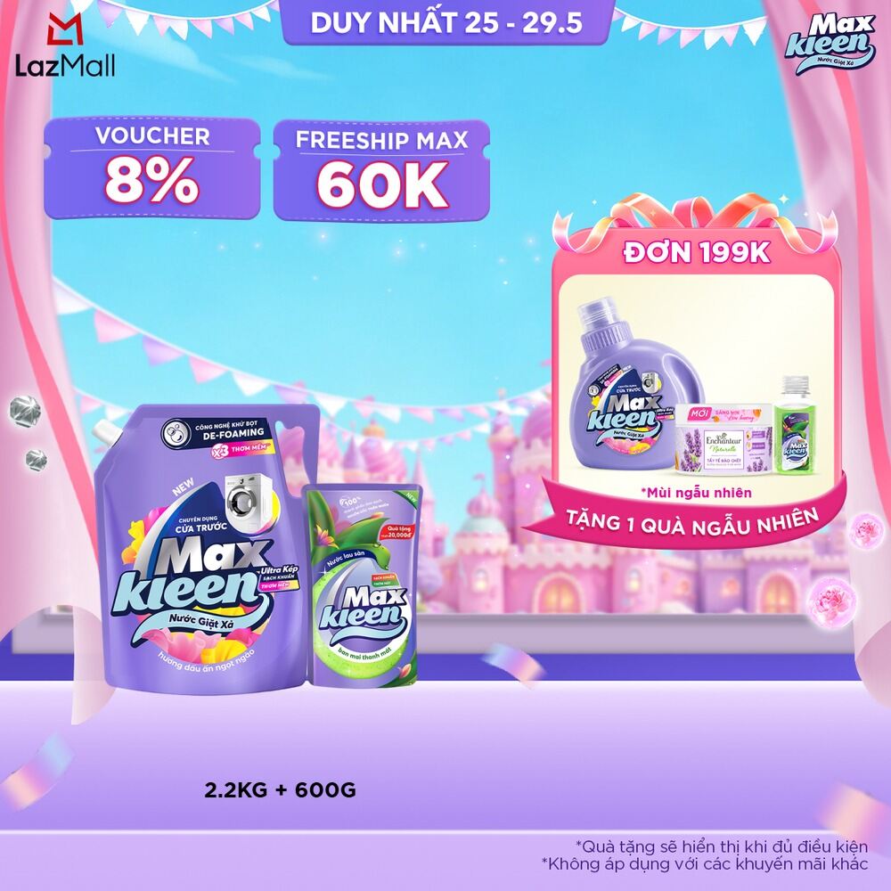 [Tặng kèm Túi lau sàn 600g] Nước giặt xả cho máy giặt cửa trước MaxKleen hương Dấu Ấn Ngọt Ngào 2.2kg