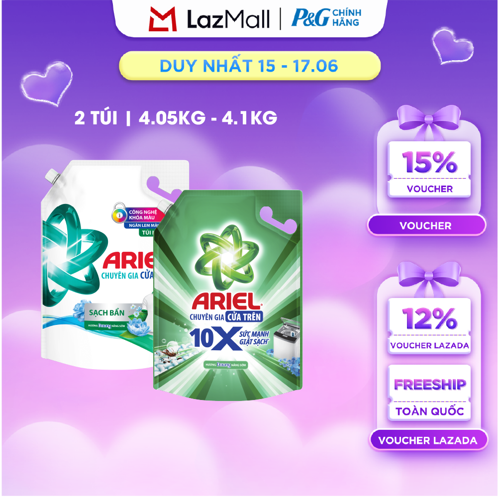 Combo 2 Nước Giặt Cửa Trên ARIEL Ngăn Lem Màu, Quần Áo Siêu Thơm Hương Sạch Sâu Nắng Mai Túi 4.1KG