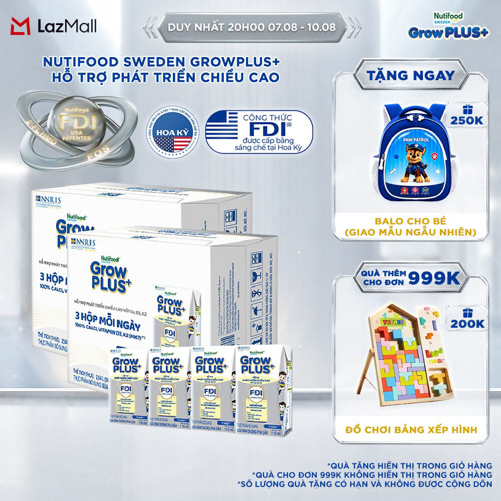 Combo 2 thùng Sữa Nước Pha Sẵn Nutifood Sweden GrowPLUS+ Cao lớn vượt trội - Hỗ trợ phát triển chiều cao - Trên 1 tuổi - 24 hộp x 110ml
