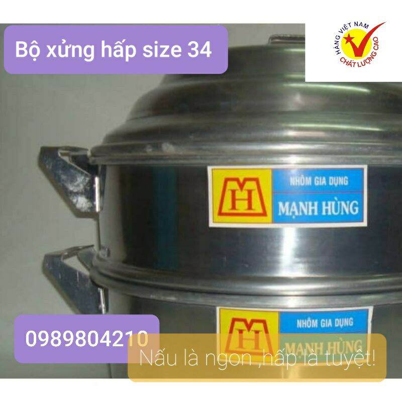 Bộ xửng hấp nhôm Mạnh Hùng size 34  (1ngan,1đay,1nap) CHÍNH HÃNG, hấp bánh bao,rau,củ,quả,hải
