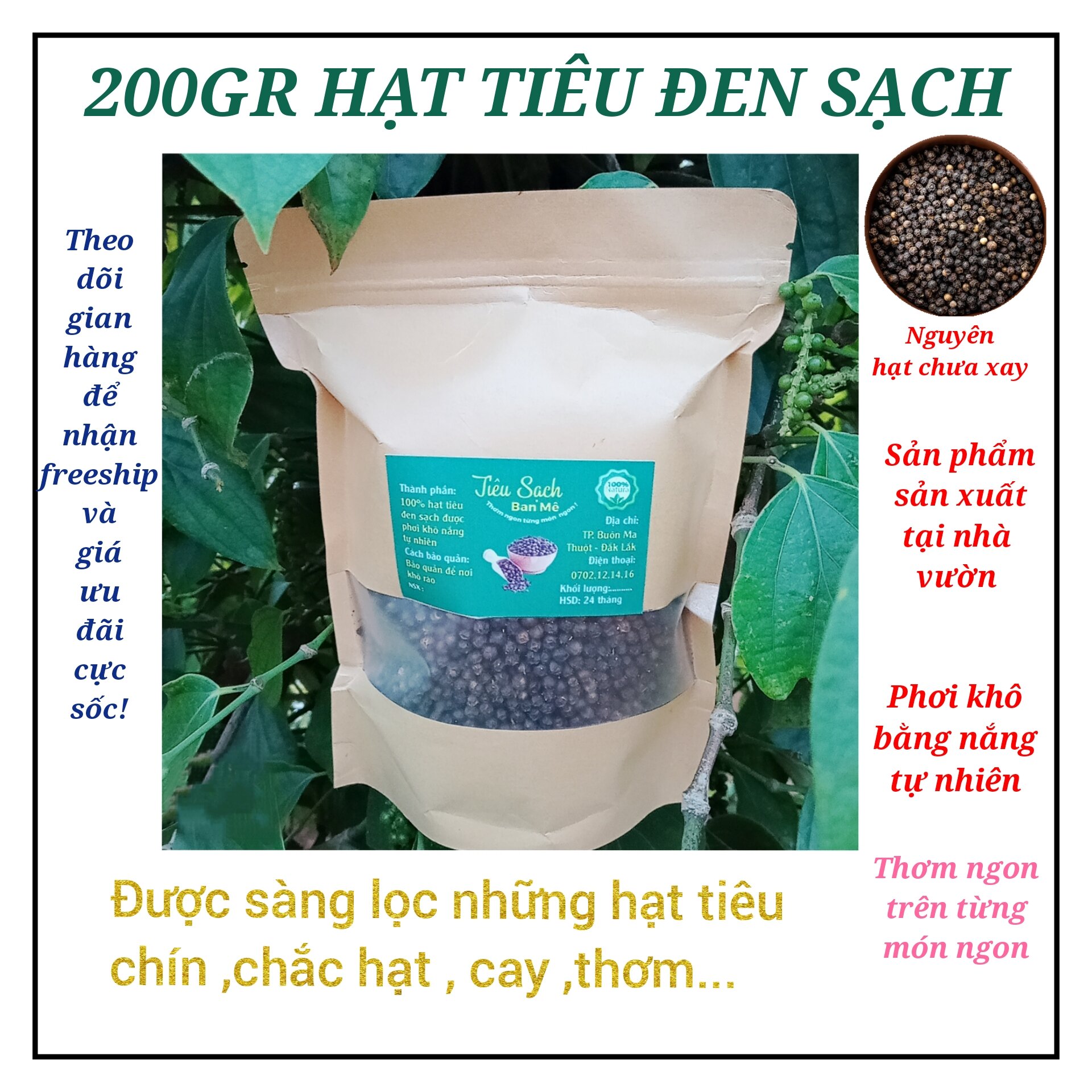 [ TIÊU SẠCH ] 1 túi nguyên hạt tiêu đen sạch chưa xay , được sàng lọc kỹ càng những hạt chín , chắc , cay , thơm , sản phẩm tại nhà vườn , an toàn ,sạch , chất lượng , phơi khô bằng nắng tự nhiên _ thơm ngon trên từng món ngon !