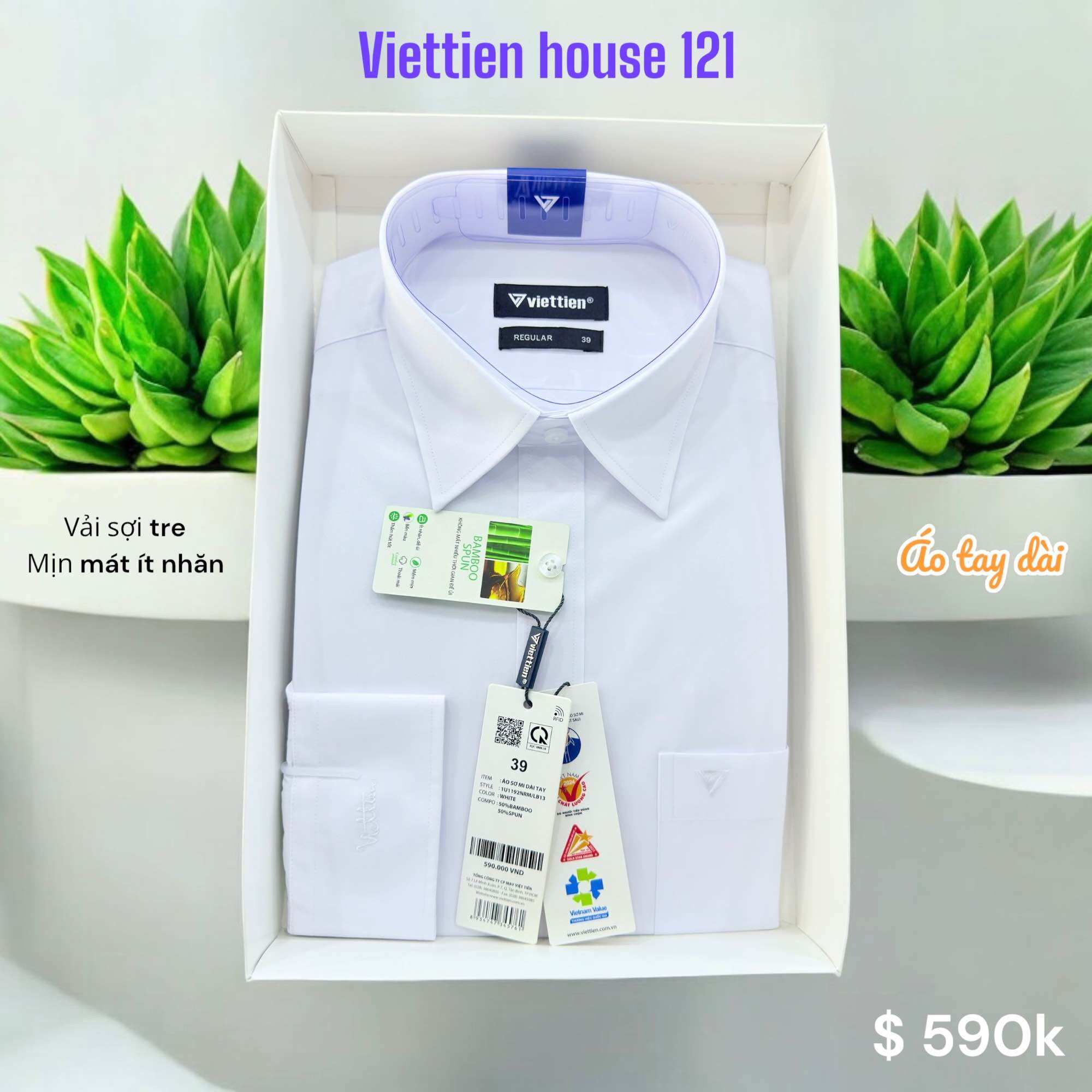 Áo sơ mi trắng trơn Việt Tiến tay dài vải sợi tre mịn mát