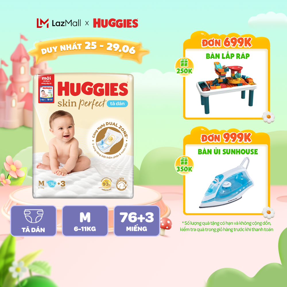 Tã/Bỉm Dán Sơ sinh Huggies Skincare Super Jumbo M76+3/L68/XL60/XXL54 Với 2 Vùng Thấm Giảm Kích Ứng Da