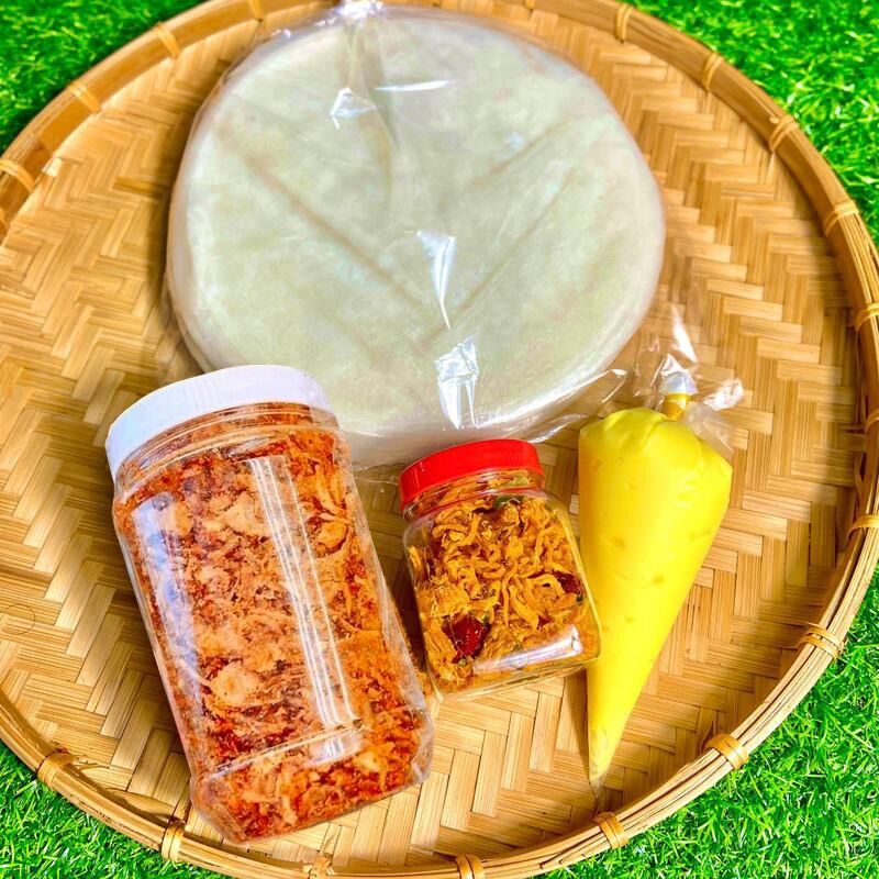 Combo bánh tráng khô gà lớn.500g Bánh tráng+ 300g muối ruốc hành phi+ 100g khô gà+ 200g bơ