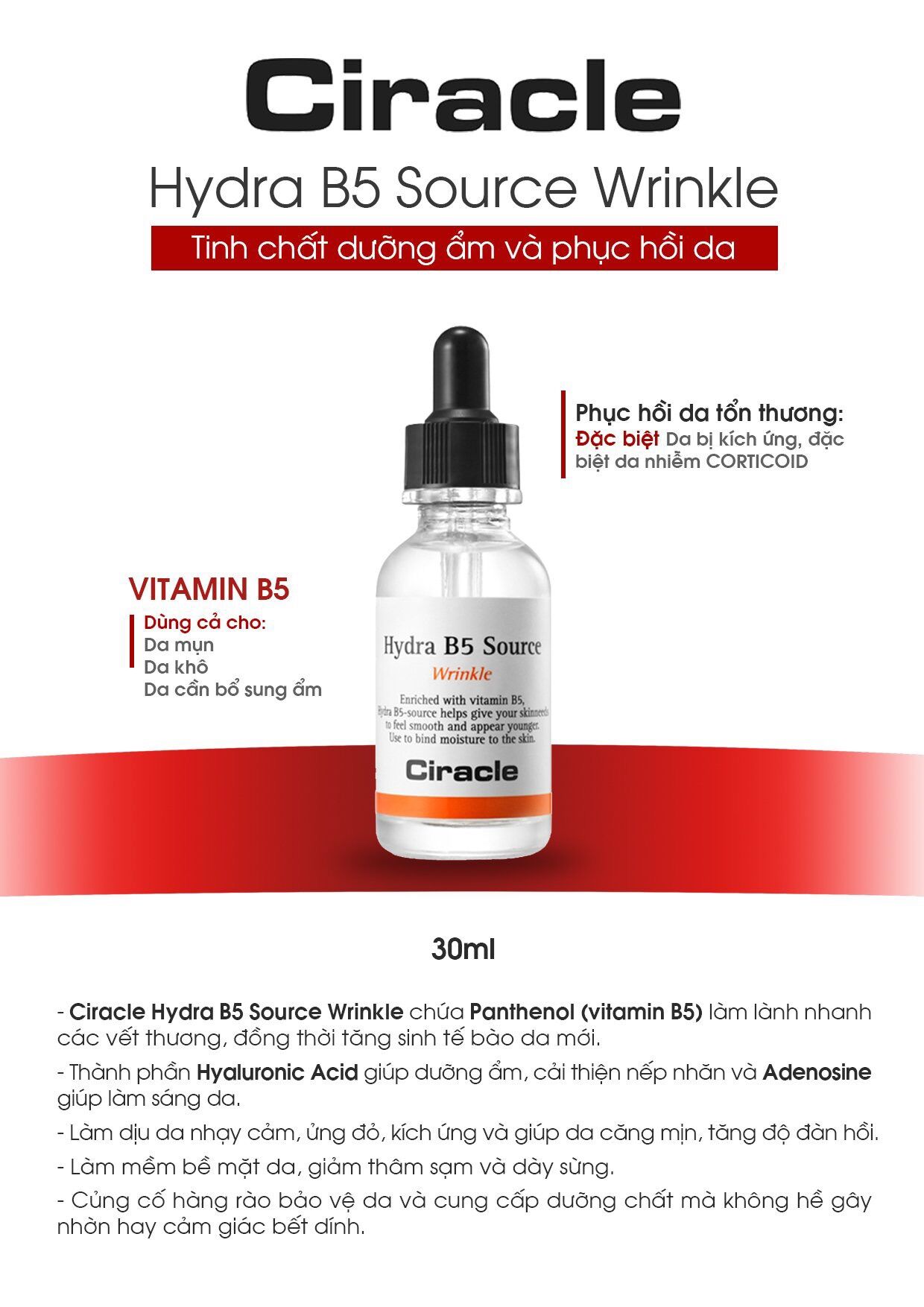 Tính chất dưỡng ẩm, phục hồi Ciracle hydra B5 source wrinkle.