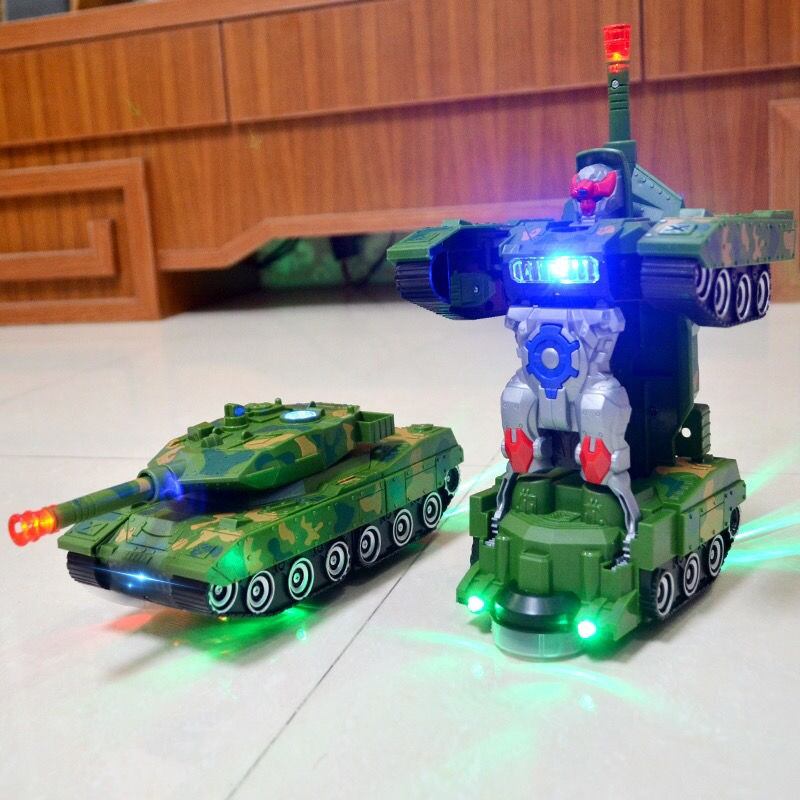 Xe tăng biến hình robot tự động có đèn và nhạc cho bé