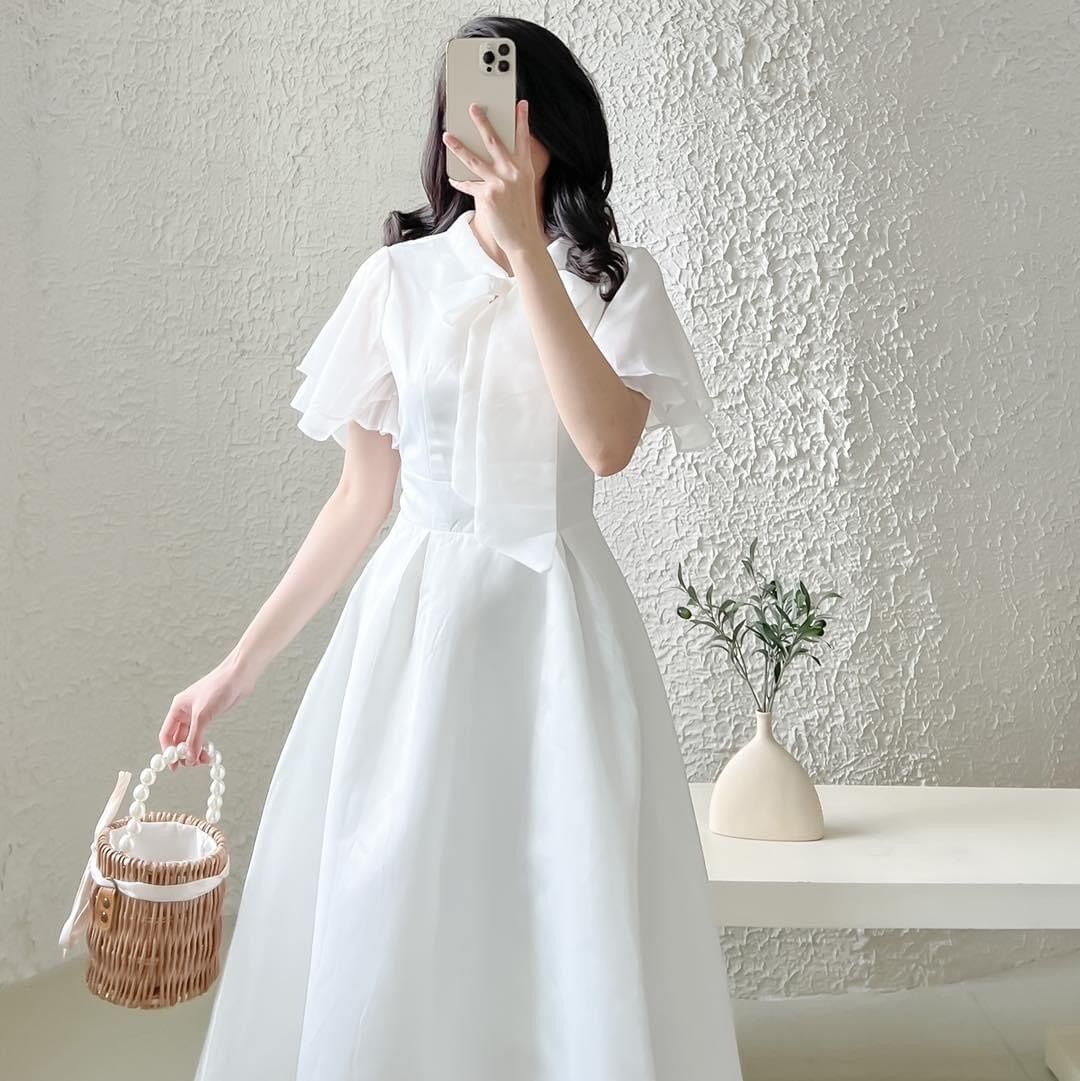 Đầm trắng tay tiên thắt nơ H18