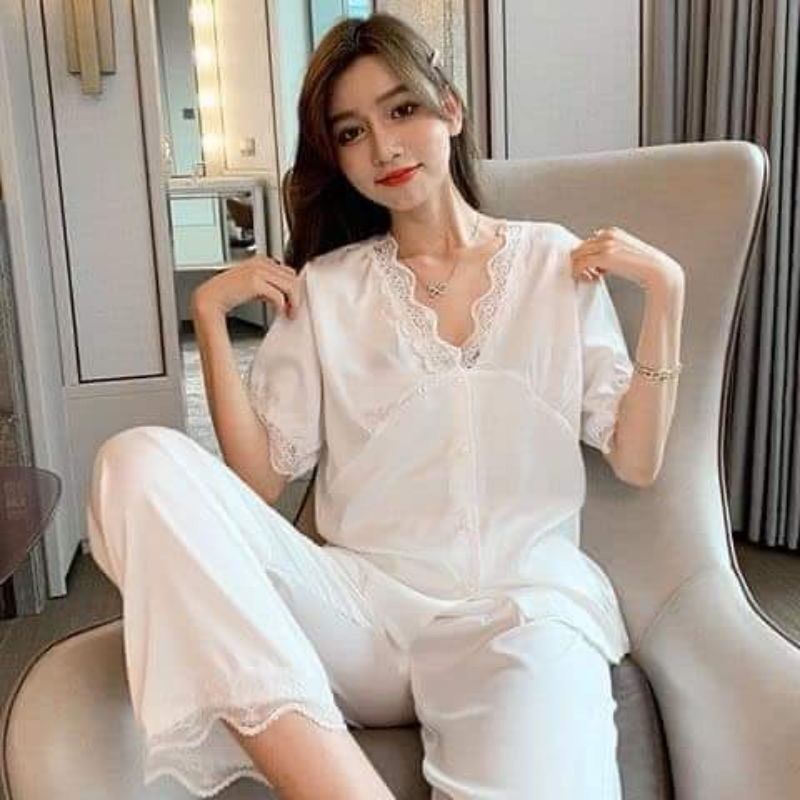 Set bộ lụa satin mặc nhà phối ren cao cấp