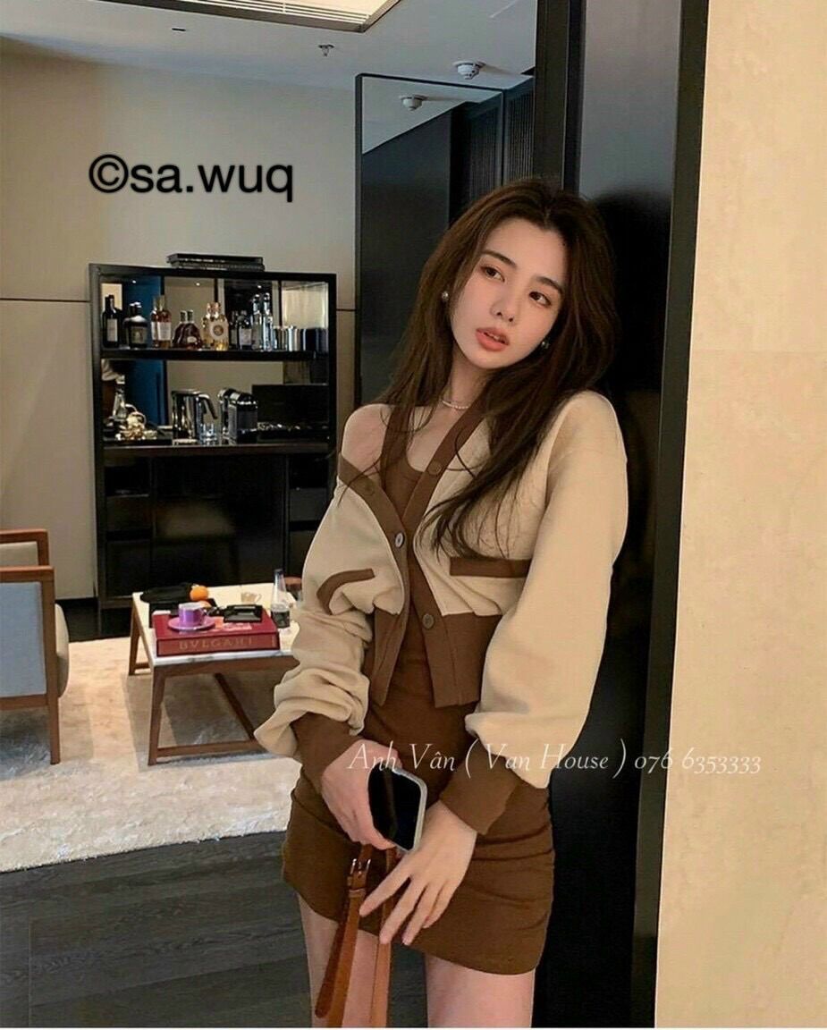 Set 2 Món Đầm Gân Kèm Cardigan Phối Viền
