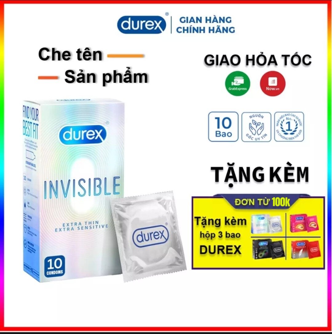 Bao cao su siêu mỏng Durex Invisible 10 bao, Bao cao su mỏng nhiều gel tăng khoái cảm