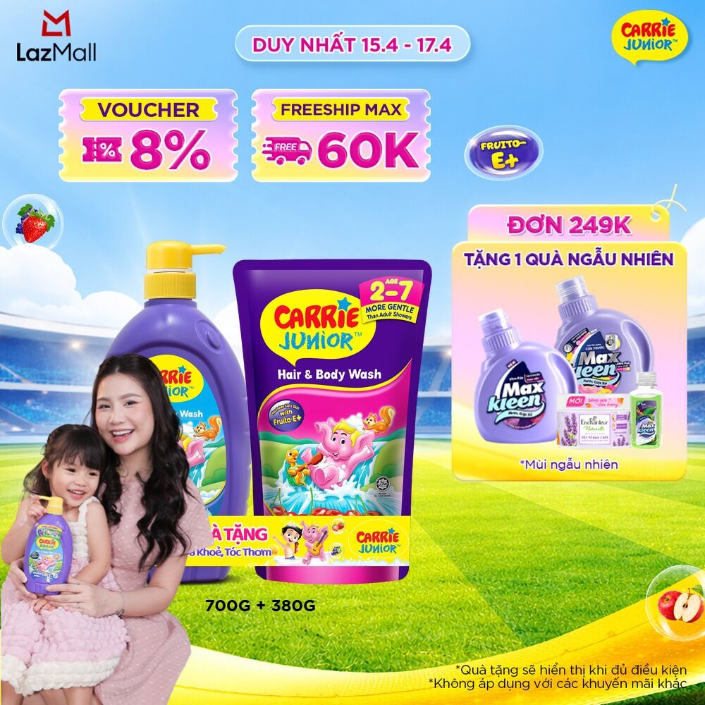 [Tặng kèm túi 380g] Sữa Tắm Gội cho bé Carrie Junior Hương Trái Cây Thiên Nhiên 700g