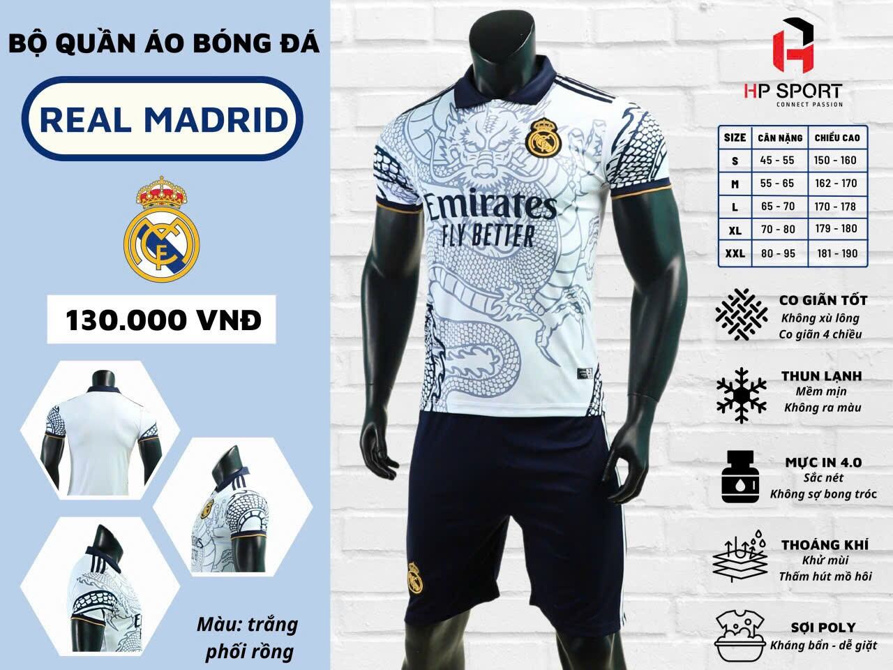 Bộ quần áo đá banh Real Madrid Rồng Trắng 23/24 - Có in tên số