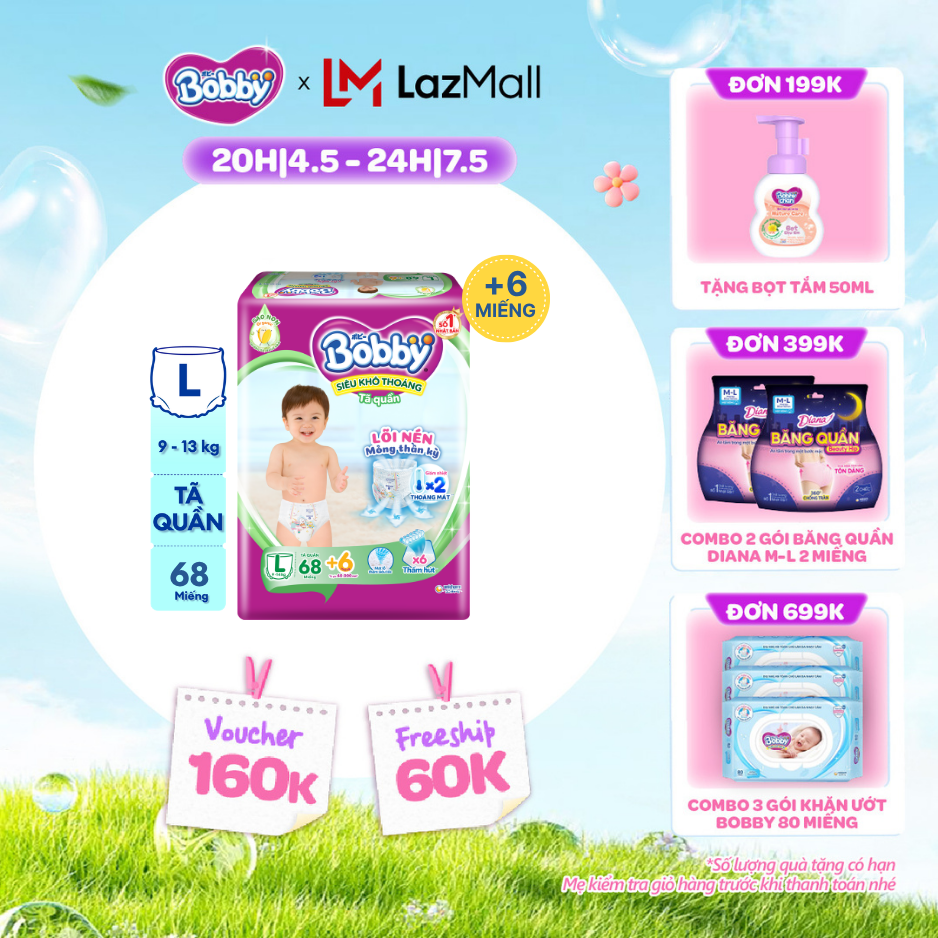 [CHỈ 20h 04-07.05 QT Đơn 899K/1199K]Tã/bỉm quần Bobby Ultra Jumbo 3mm Gạo non Giảm nhiệt L70