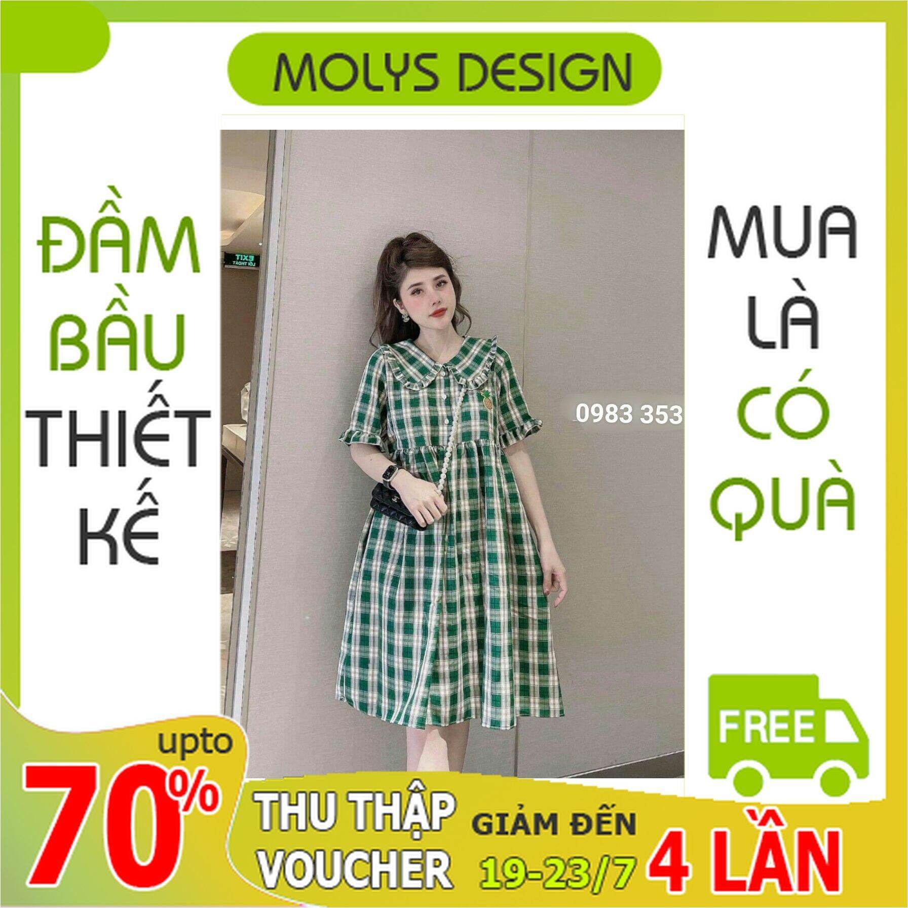 Đầm váy bầu babydoll vải kẻ caro, cổ bèo trẻ trung thêu dứa freesize từ 45 đến 70kg VM6639