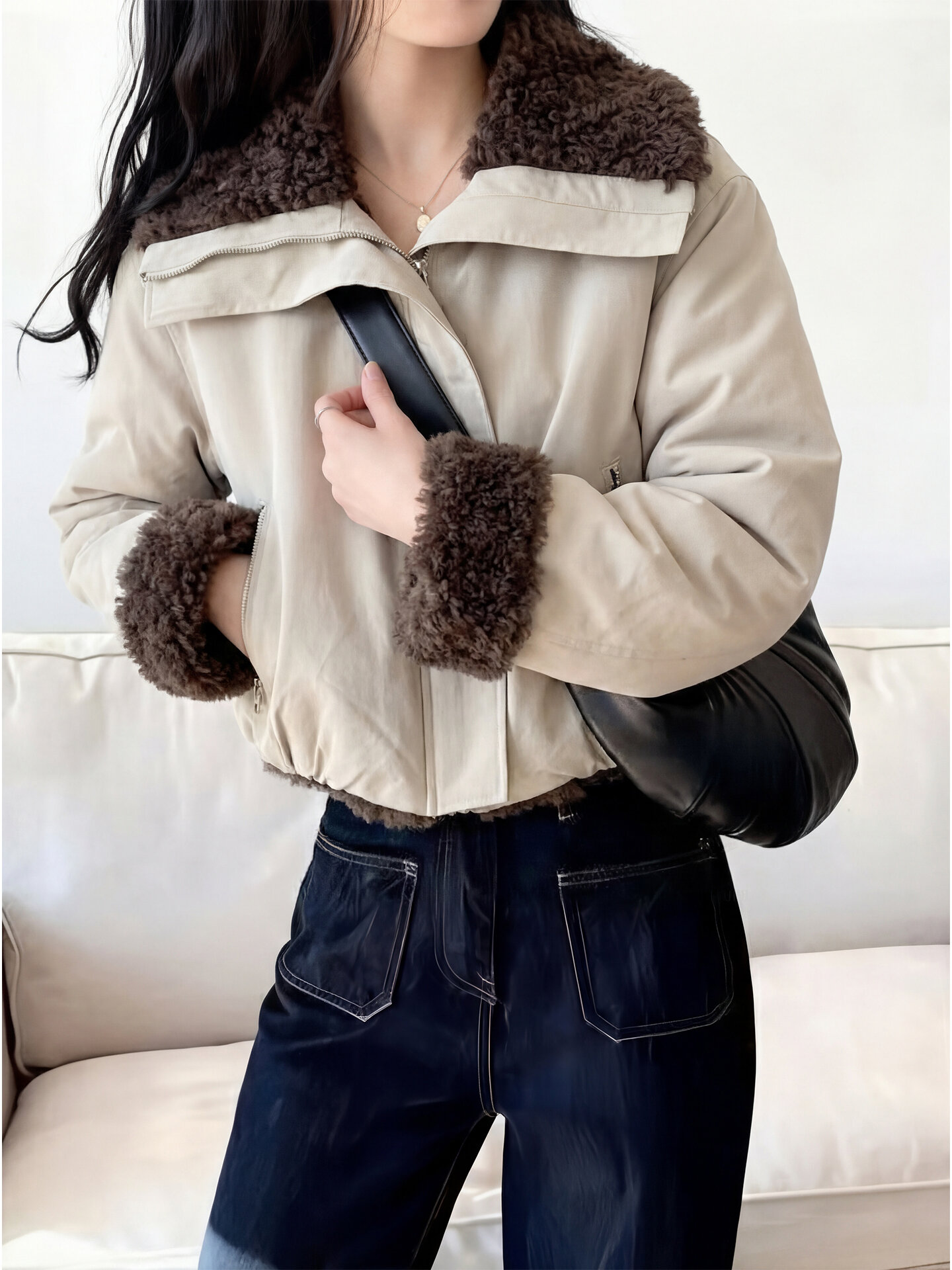 Design Faux Fur Collar Suede Jacket Giá 1,955,000 Đồng*Miễn phí vận chuyển